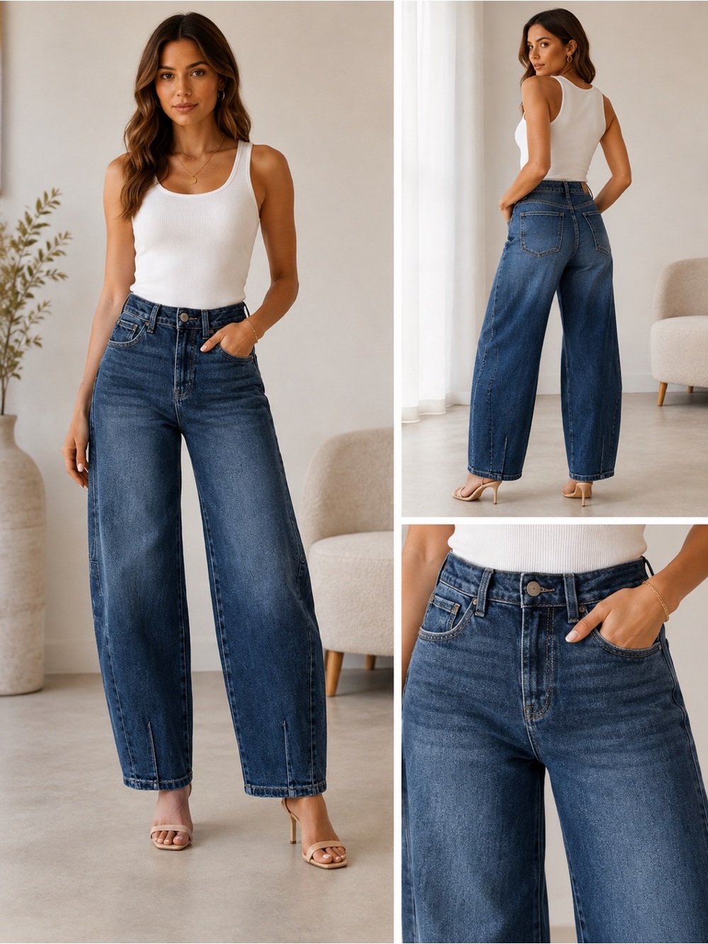 Risen, barrel, whiskered, High-Rise Wide Leg Jeans — Dark Blue Wash